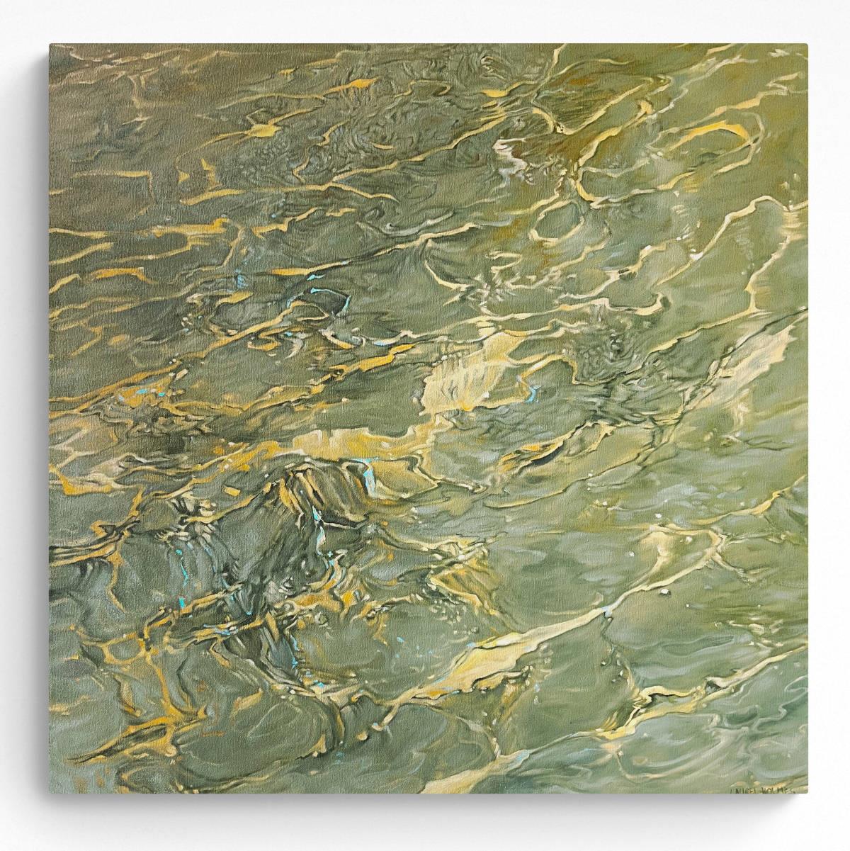 oil painting of sunlit ocean waves in shades of green and yellow