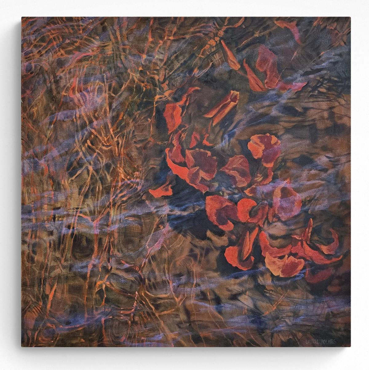 oil painting of red waterlilies in a swirling brown water