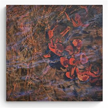 oil painting of red waterlilies in a swirling brown water