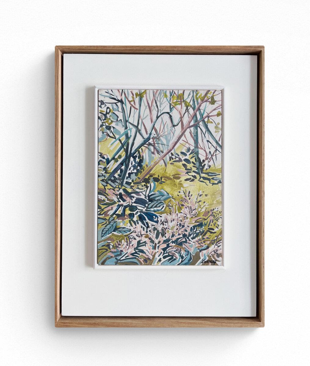 small framed painting of a woodland forest scene