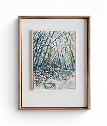 small framed painting of a tranquil woodland scene