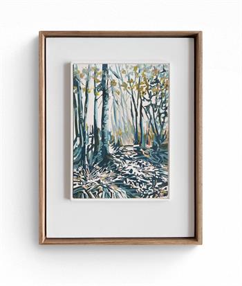 small painting of a woodland scene in a large kiaat frame