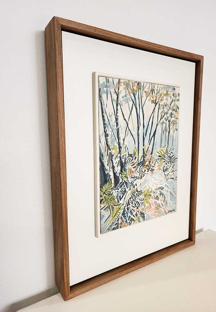 Painting on wood panel of a forest glade in a kiaat wood frame