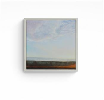 small framed painting of pink clouds in a dusk sky