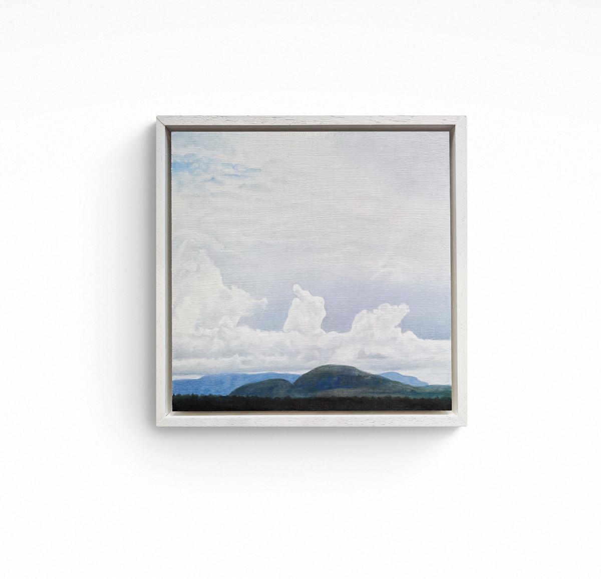 small oil painting of white cumulus clouds above the top of a mountain