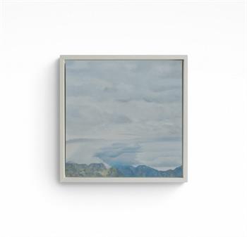 small painting of fluffy white clouds above the mountain tops