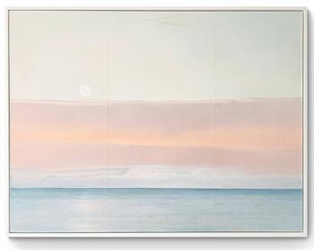large framed oil painting of a hazy sun setting over the ocean