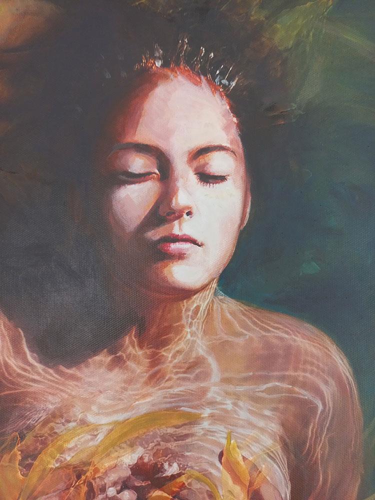 detailed painting of a young woman floating in water