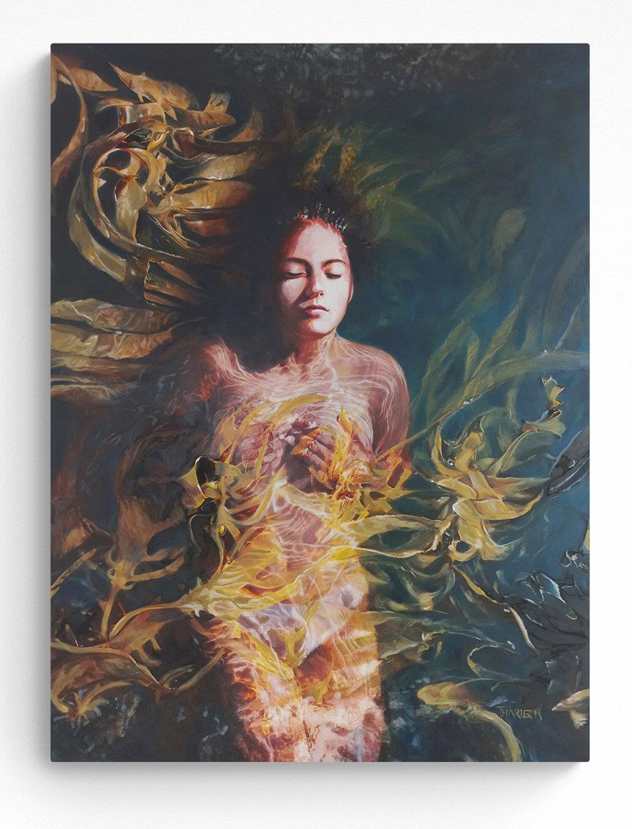 detailed painting of a young woman floating in water