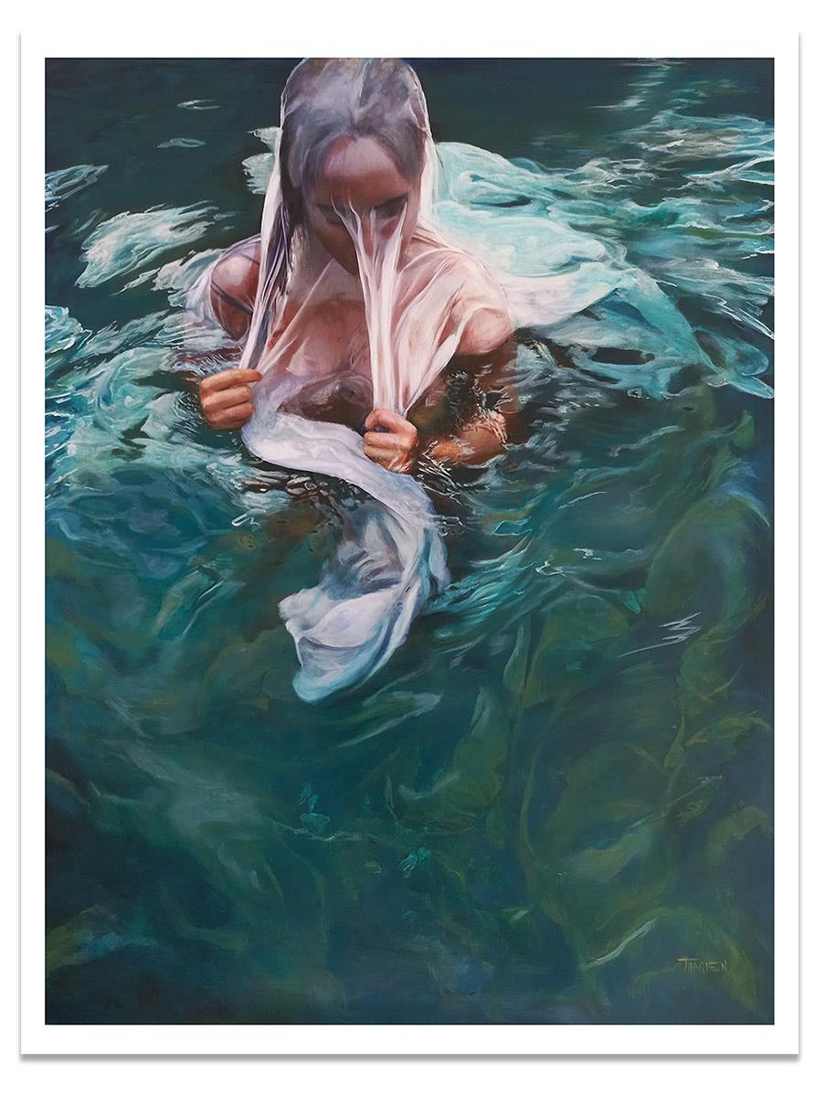 painting of a woman emerging from the water wearing a veil