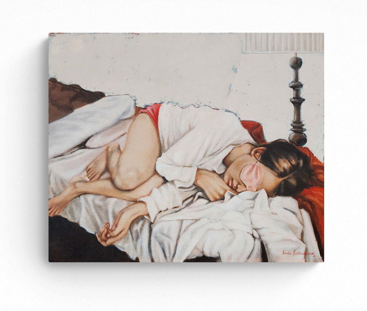 detailed oil painting of a young woman trying to get some sleep