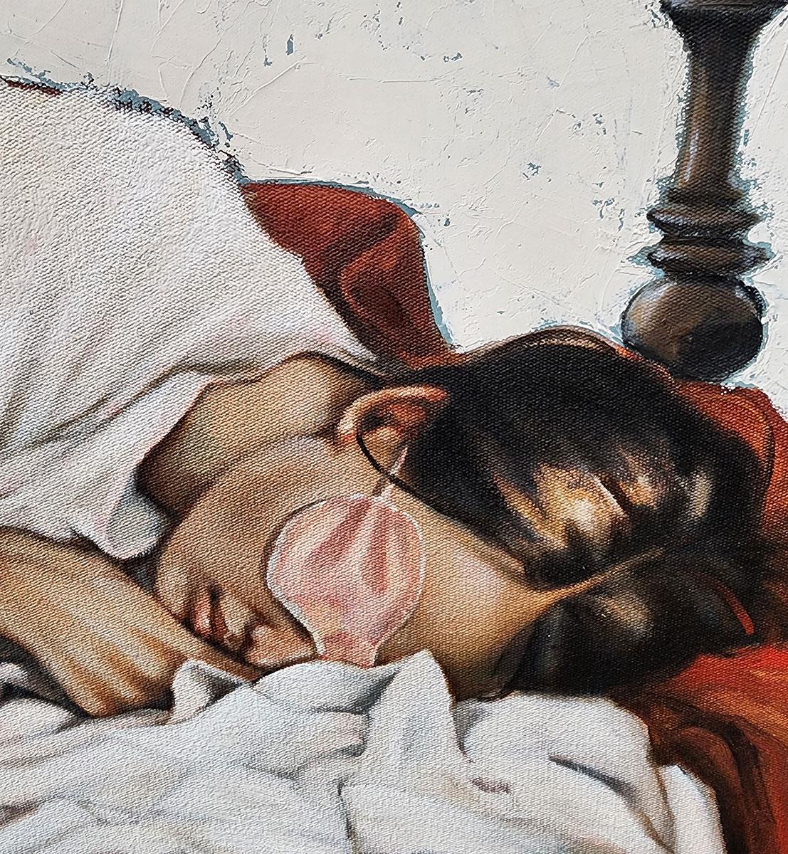 detailed oil painting of a young woman trying to get some sleep 