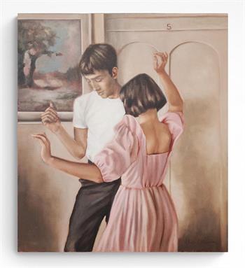 oil painting on canvas of a young couple dancing