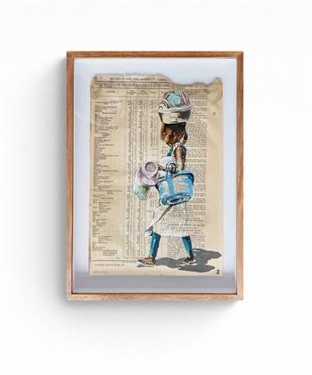 framed painting on Gazette paper of an African woman carrying a heavy load