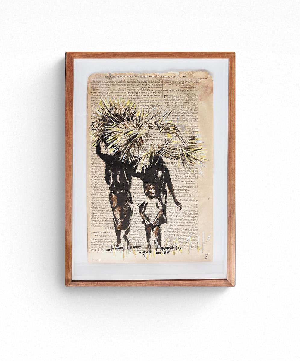 framed painting on paper of two African women carrying straw for thatching on their heads