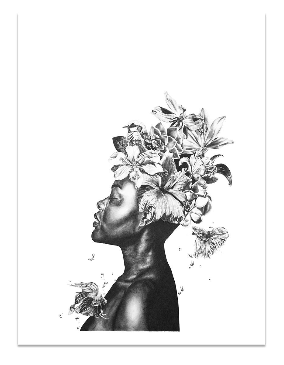 fine art pencil portrait of a beautiful African woman with flowers