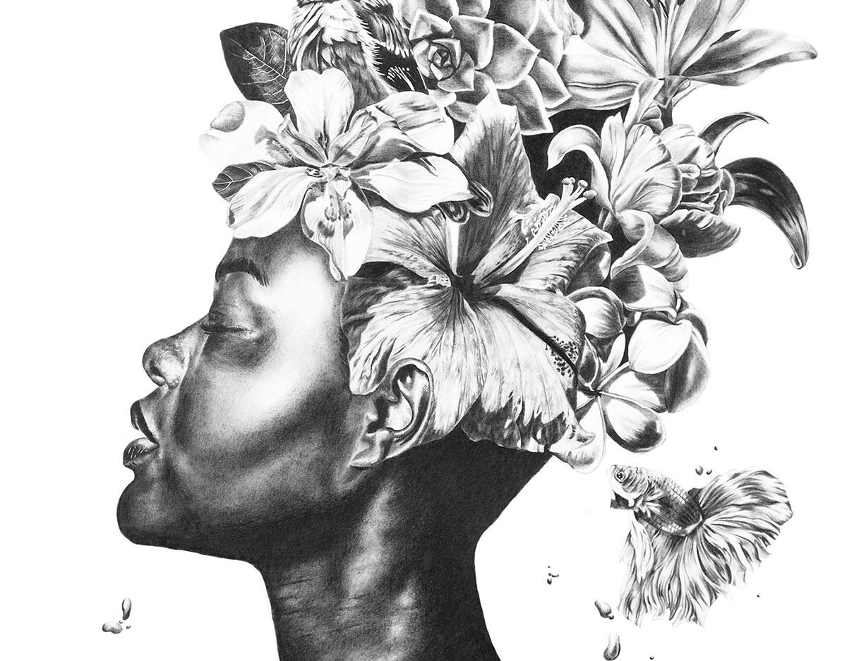 fine art pencil portrait of a beautiful African woman with flowers