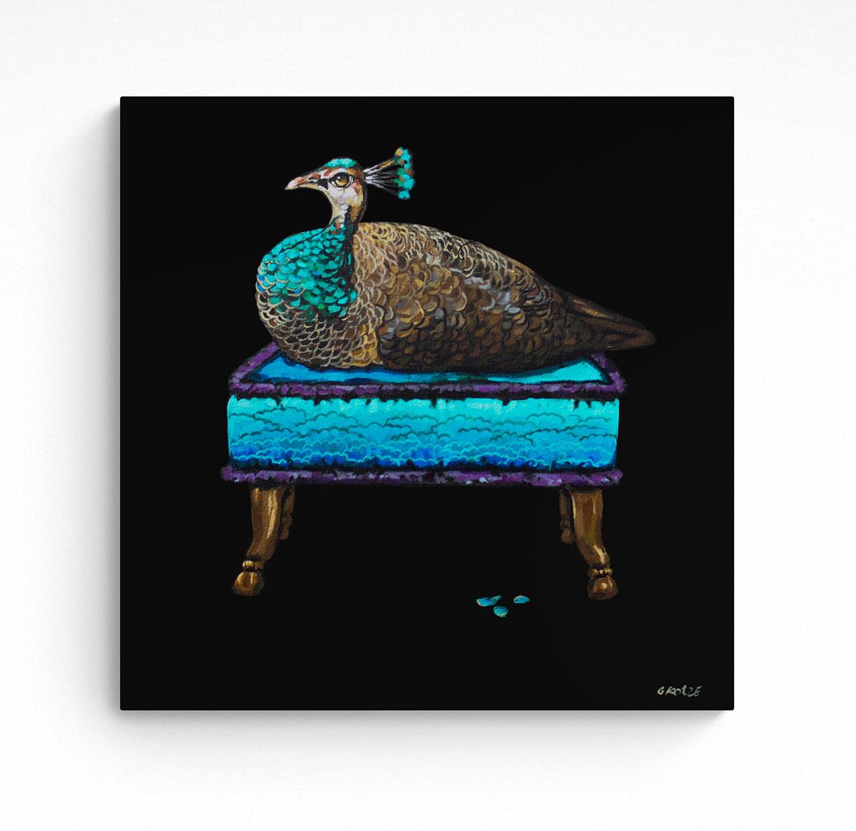 painting of a peahen nesting on a blue stool, against a black background