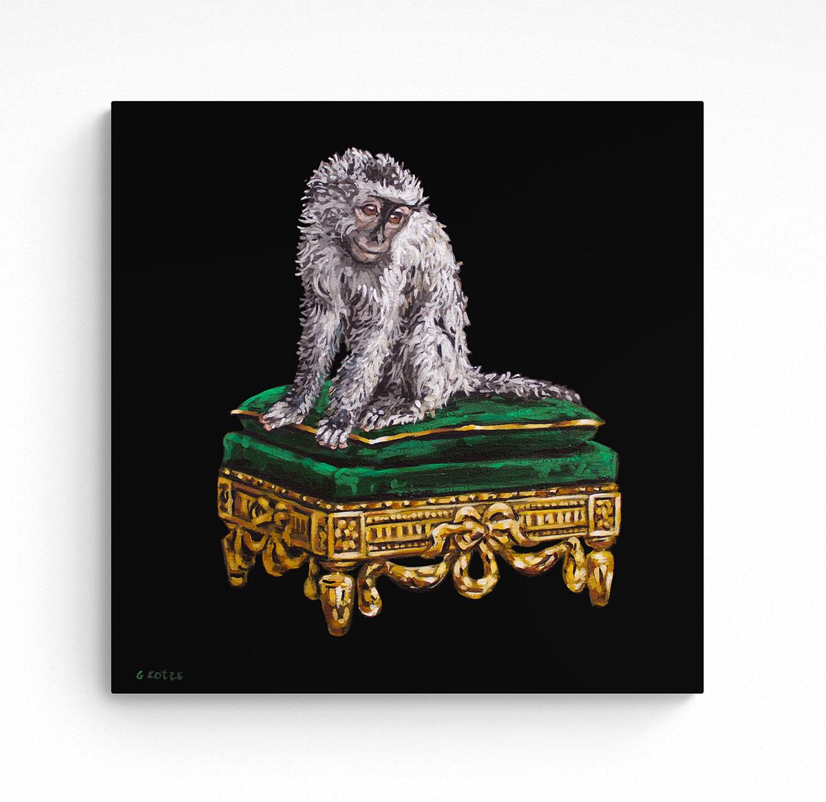 charming painting of a young monkey seated on an ornate green stool