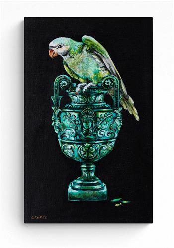 exquisite small painting of a parrot perched on the edge of a jade vase