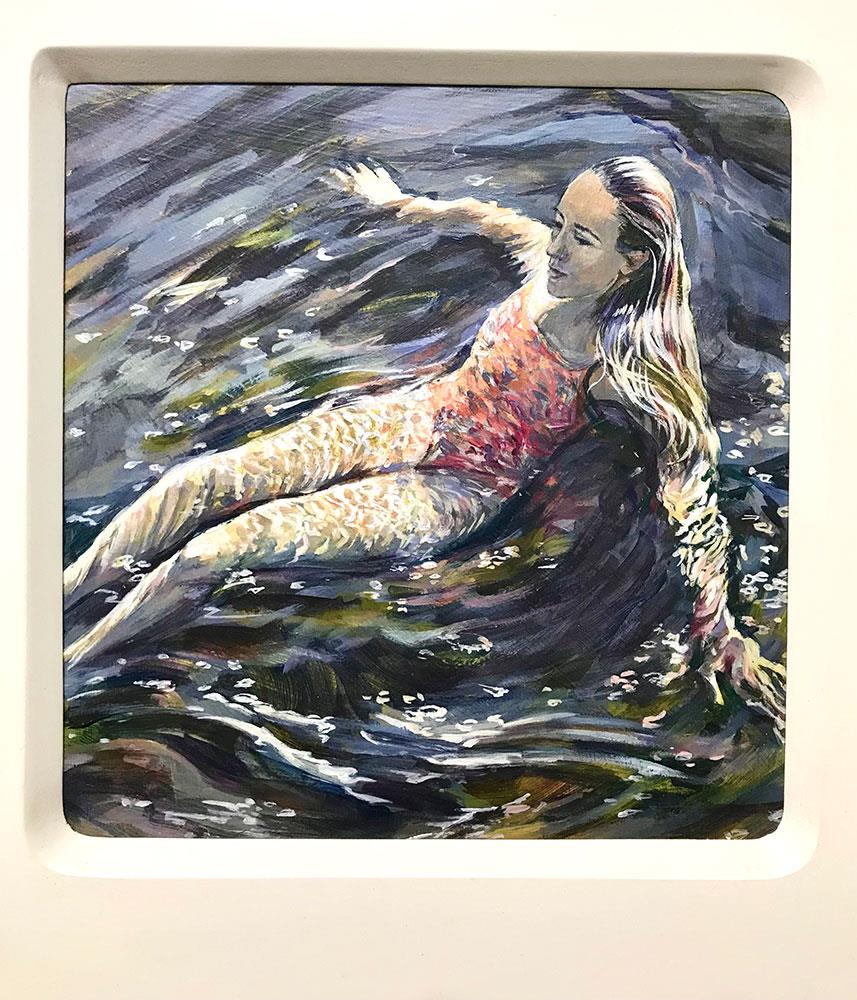 beautifully framed painting of a young woman swimming in a river