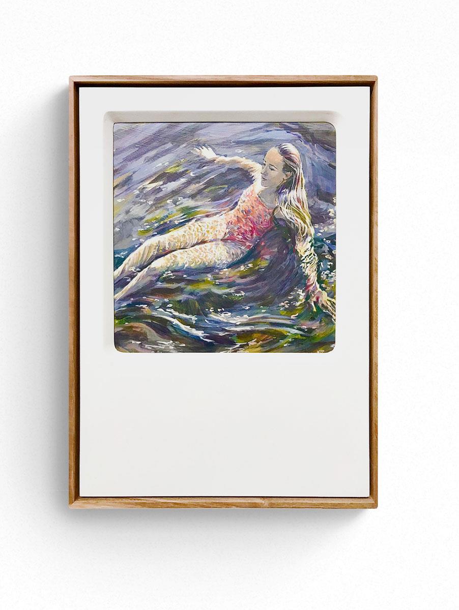 beautifully framed painting of a young woman swimming in a river