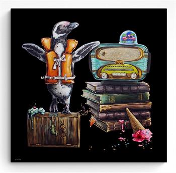 charming painting of a penguin wearing a life jacket next to a pile of old books