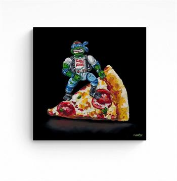 small painting of a Ninja Turtle with a slice of pizza