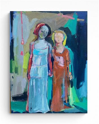 expressionistic painting of two women in conversation