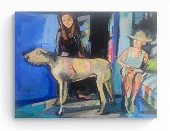expressionistic painting of a family with their dog