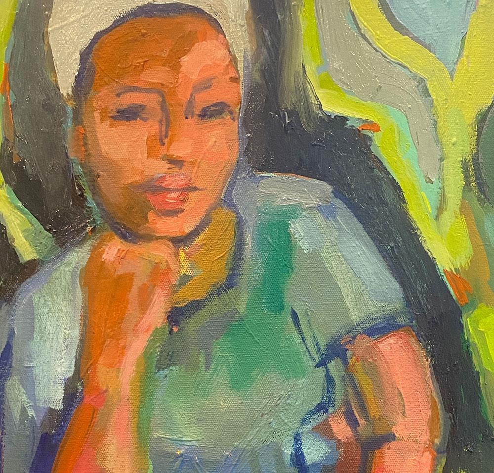 small oil painting of an African woman wearing a turban