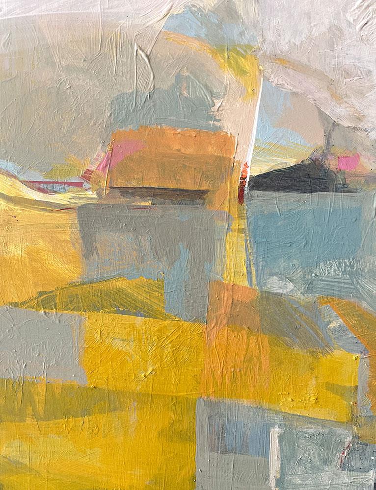 abstract landscape painting on board in shades of yellow and grey