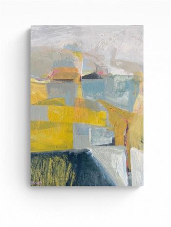 abstract landscape painting on board in shades of yellow and grey