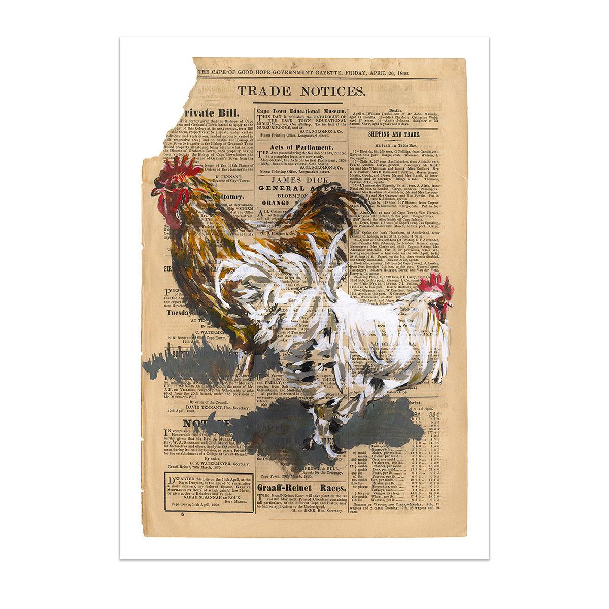 art print of a painting of a rooster and hen on newspaper