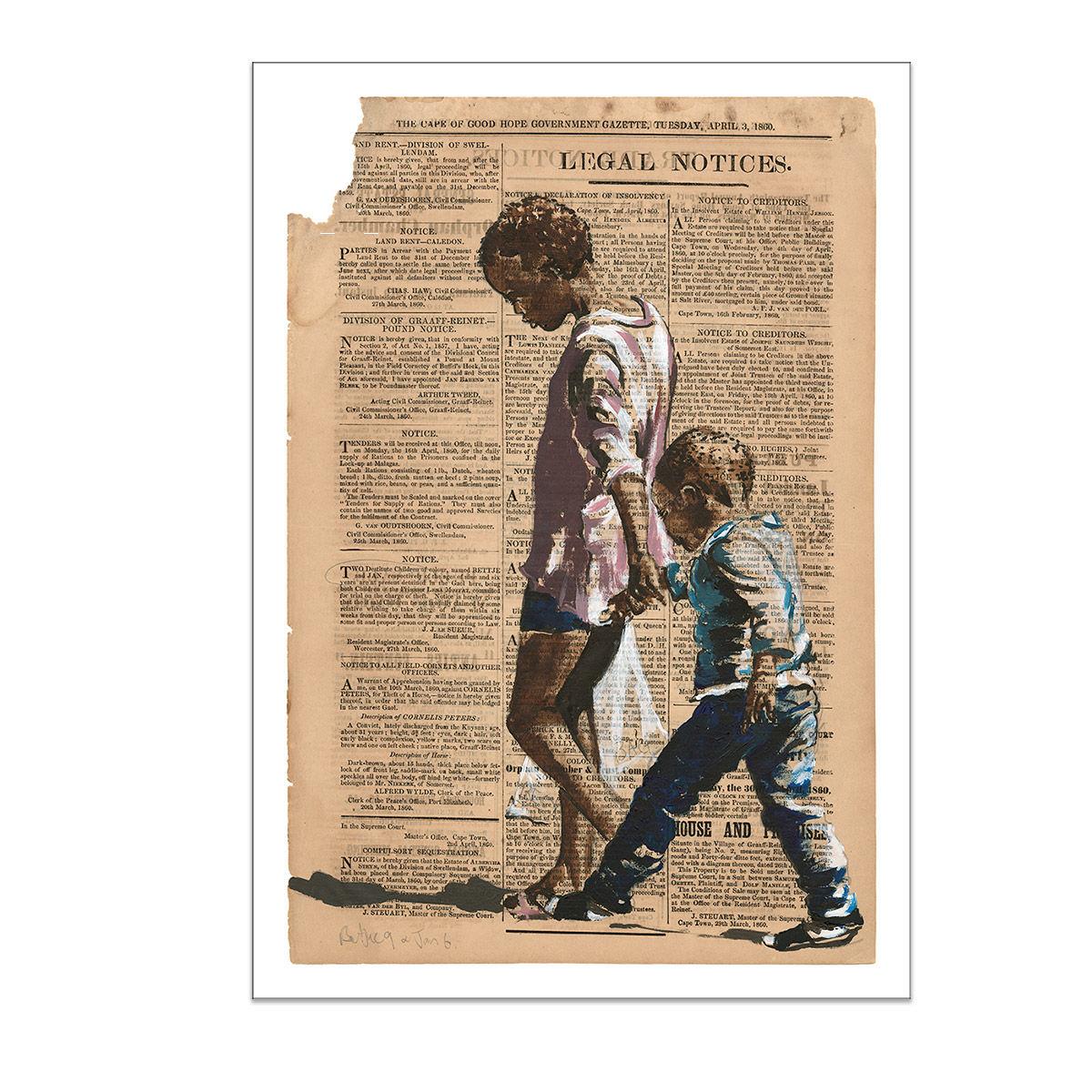art print of a painting of two boys on old newspaper