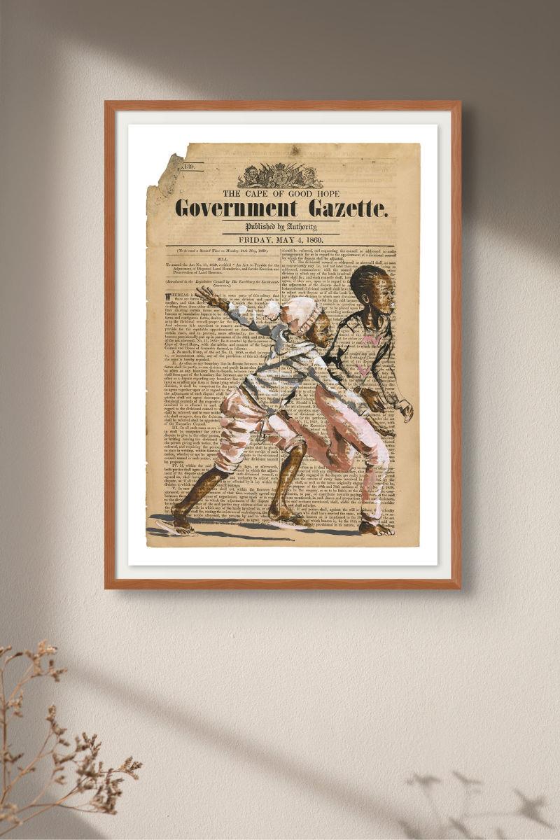 print of a painting on old Government Gazette of two children playing