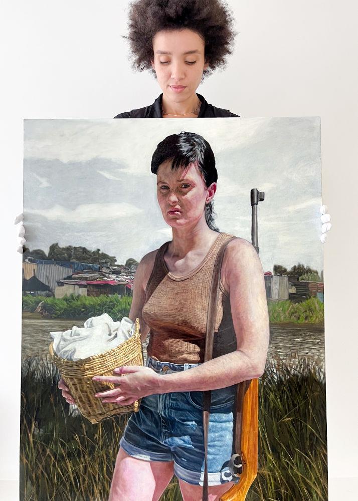 painting of a young woman holding a gun with shacks in the distance