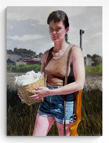 painting of a young woman holding a gun with shacks in the distance