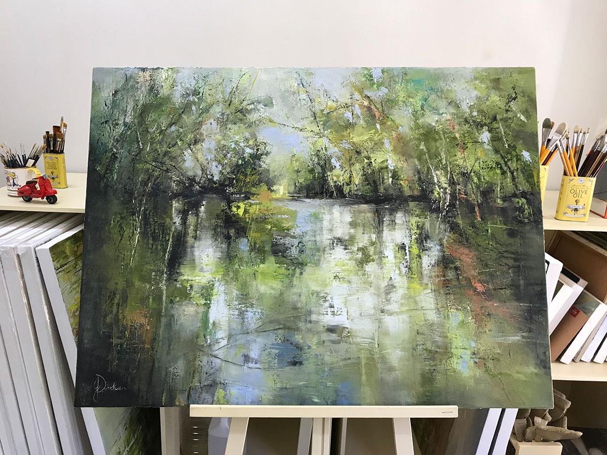 oil painting of trees overhanging a pond of water