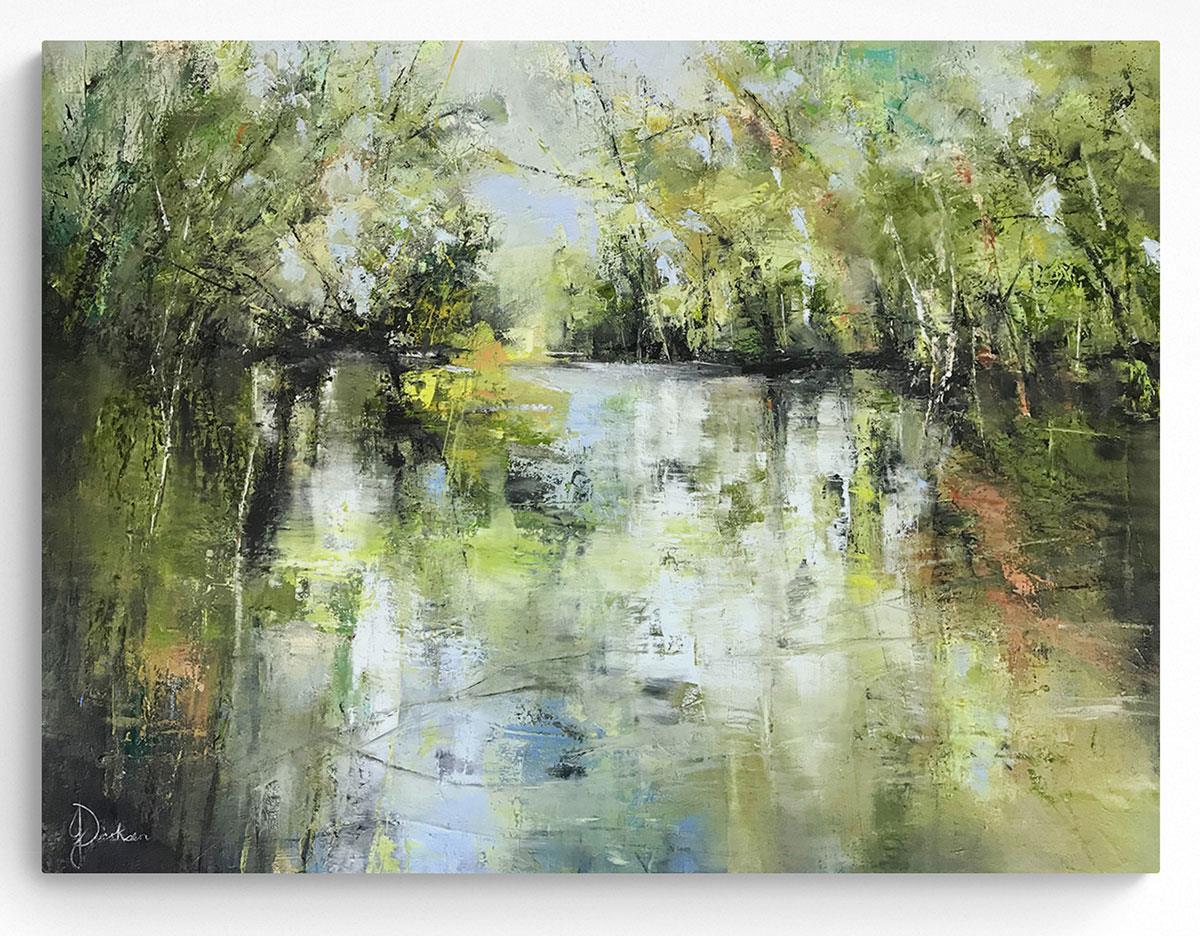 oil painting of trees overhanging a pond of water