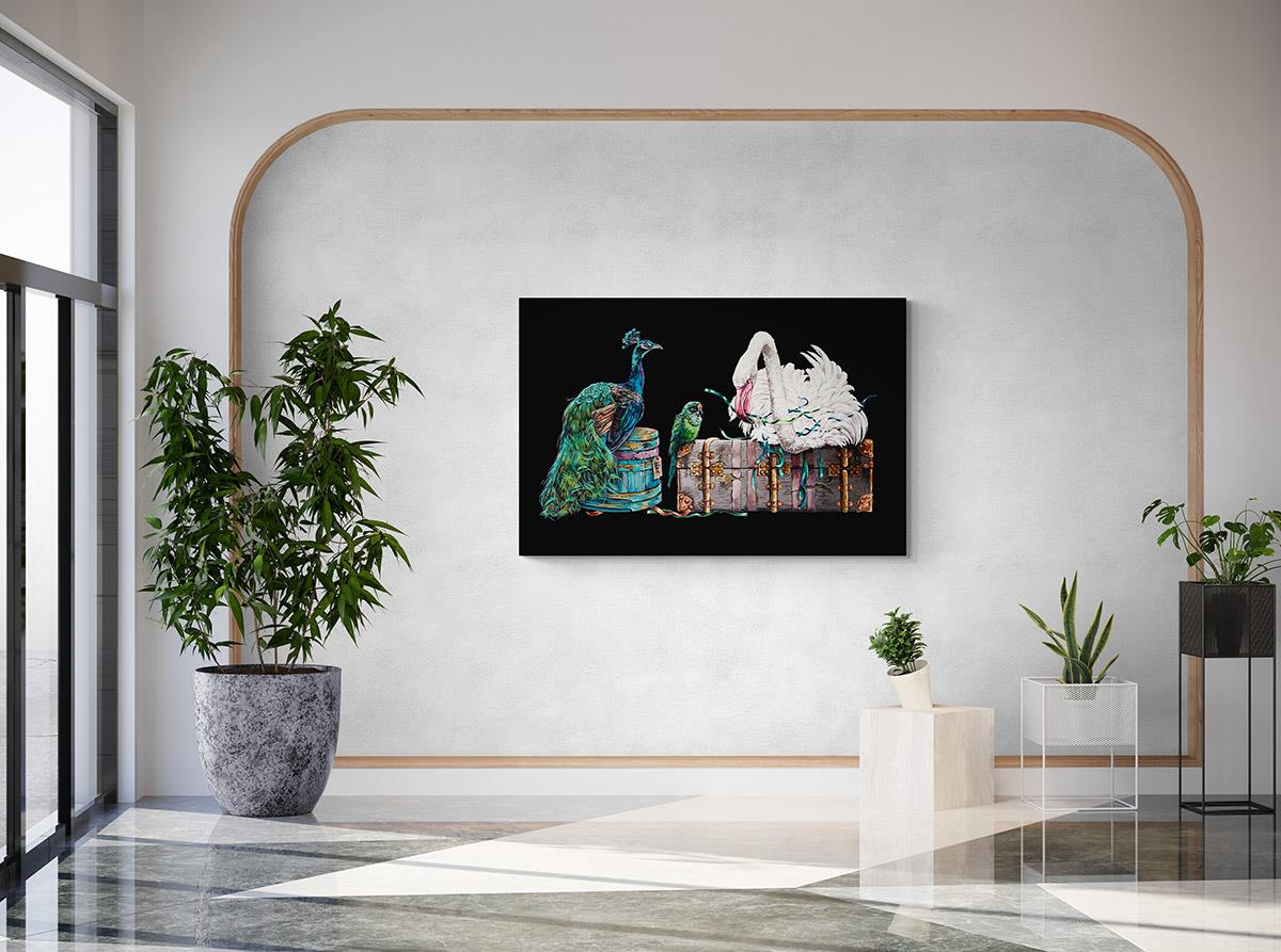 large painting of a peacock and swan perched on an old suitcase