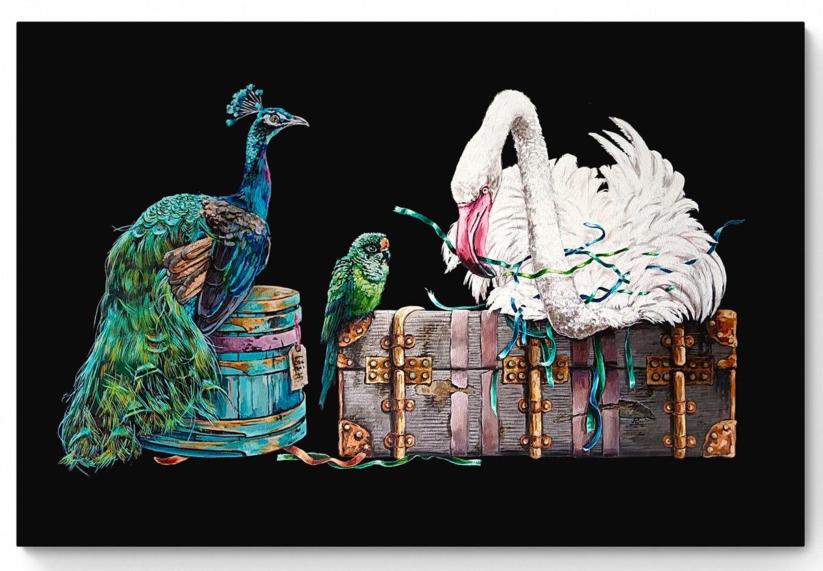 large painting of a peacock and swan perched on an old suitcase