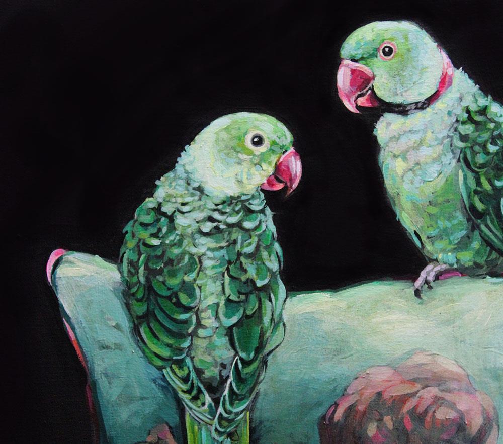 canvas painting of two parrots perched on a cushion