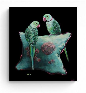 canvas painting of two parrots perched on a cushion