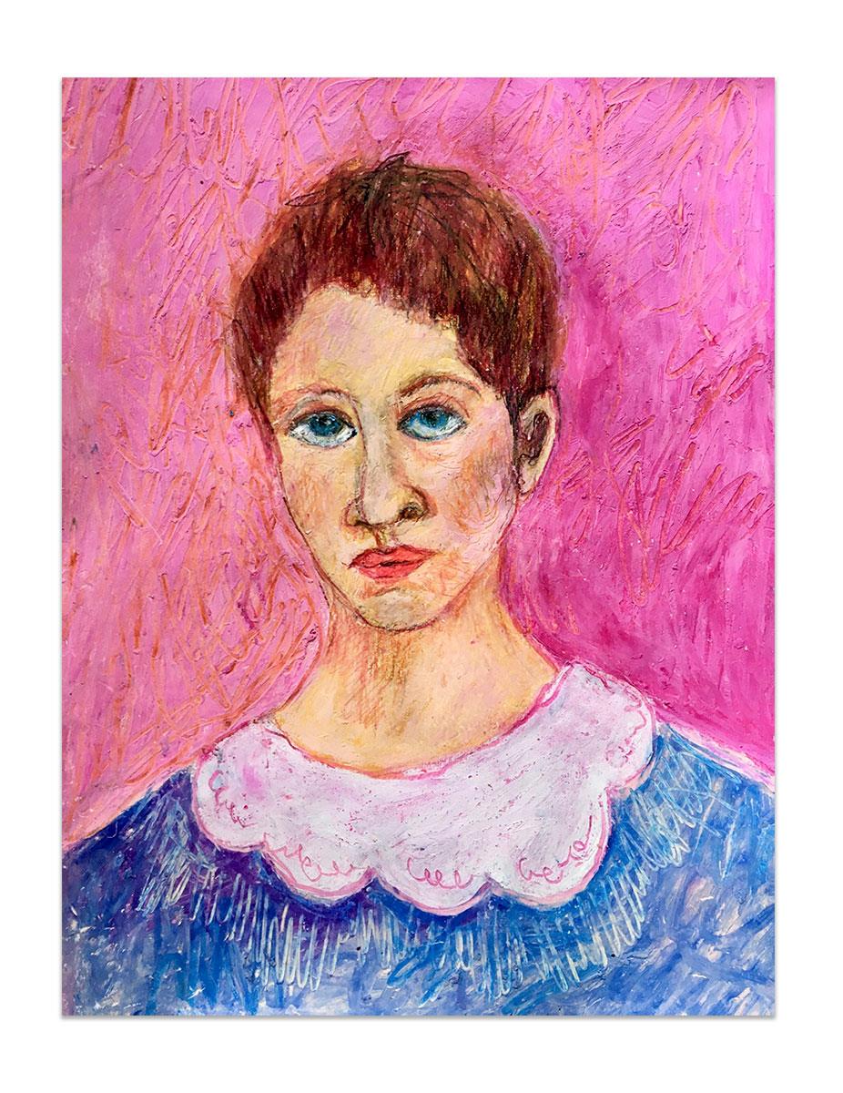 small portrait on paper of a woman with a pixie cut hairstyle