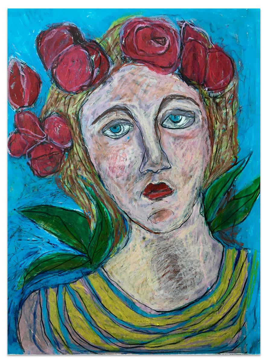 expressive pastel drawing on paper of a woman with roses in her hair