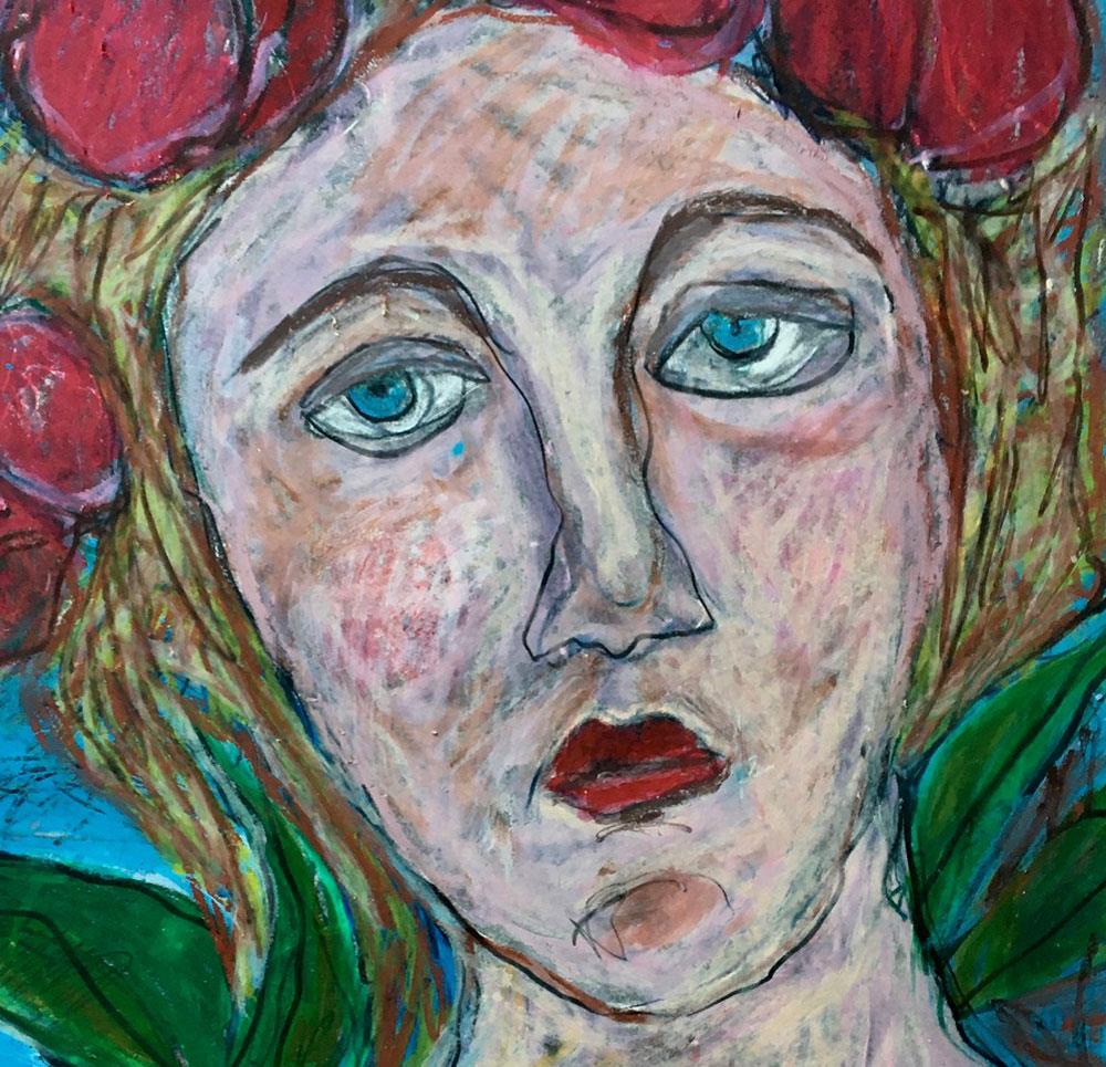 expressive pastel drawing on paper of a woman with roses in her hair