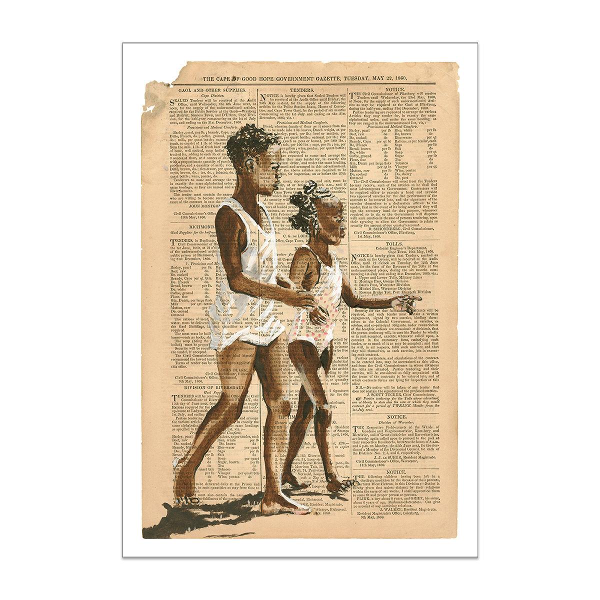 art print of a painting of two African children on the beach