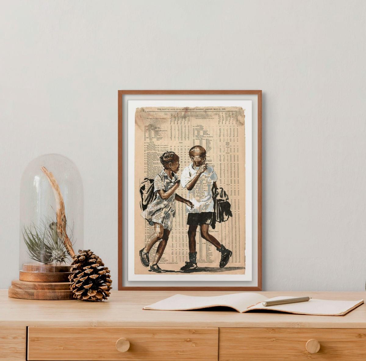 art print of a painting of two African children in school uniform