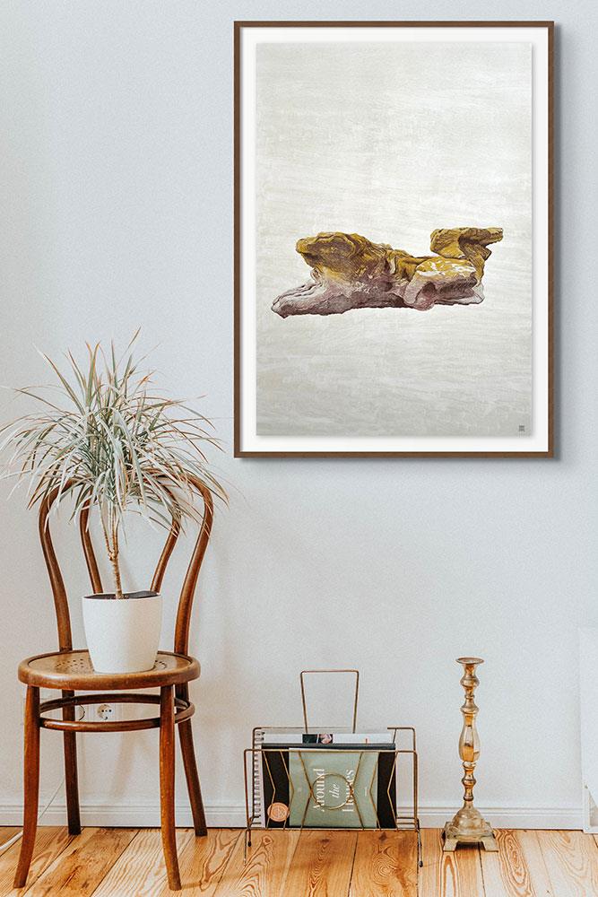 art print on paper depicting a rock covered in yellow lichen